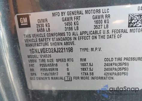 2010 Chevrolet Traverse Lt z USA, uszkodzony, nr VIN 1GNLVGED2AJ221198